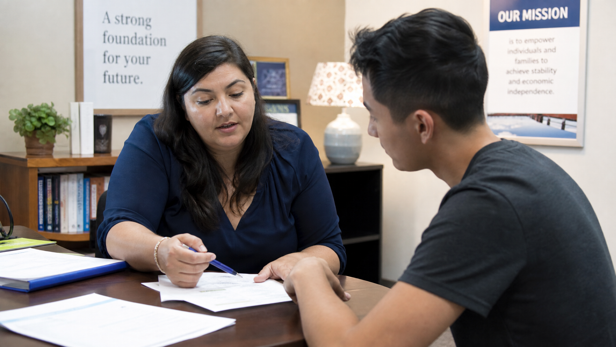 Advocate helping a tenant with housing documentation